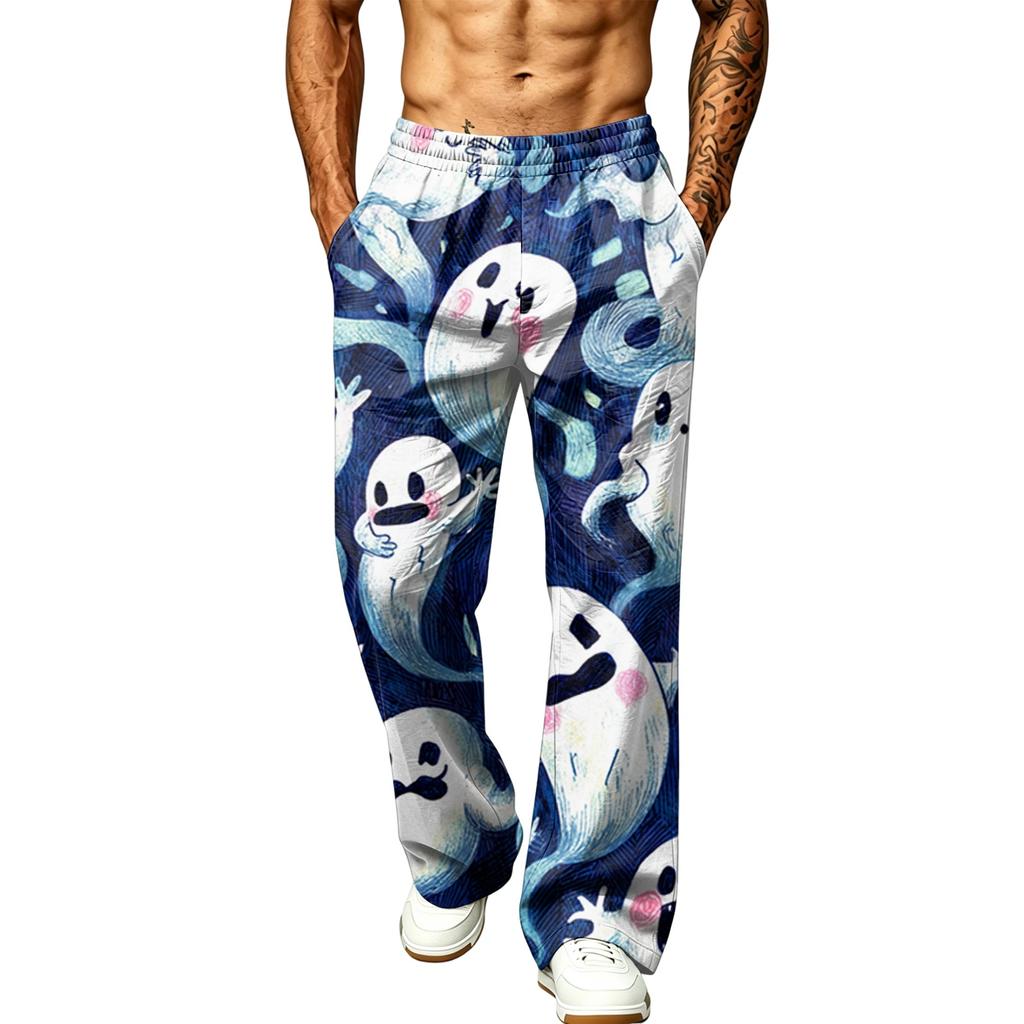 Men's Loose Fit Wide Leg Joggers with Pockets - Printed Casual Sweatpants for Sports and Daily Wear