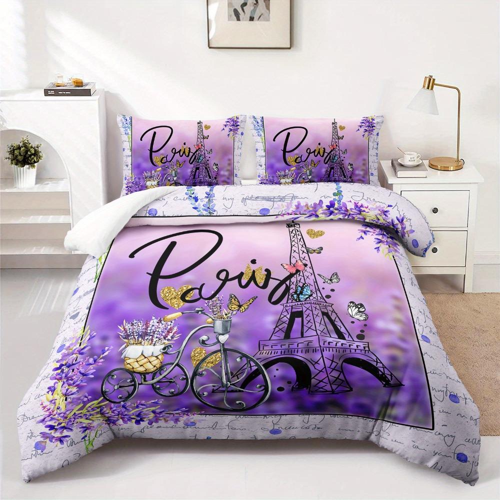 3pcs Purple Bedding Set Paris Eiffel Tower Printed Cozy Duvet Cover King Queen Twin Size Birthday Gift for Adult Bedroom Decor