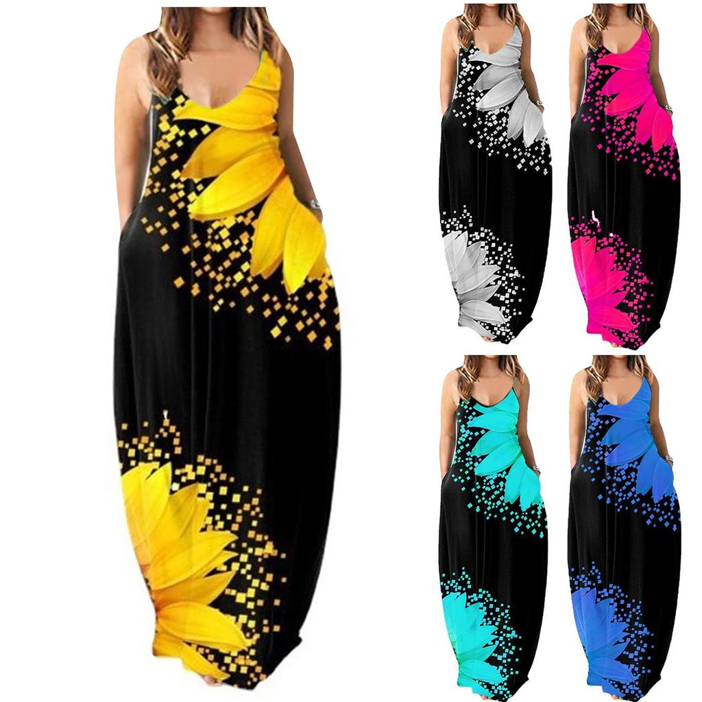 Women's Casual Summer Printed Spaghetti Strap Maxi Dress Loose Fit Sleeveless Long Dress with Pockets Lightweight Comfortable