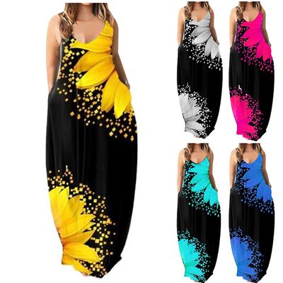Fashion Women's Loose Casual Summer Print Pocket Sling Sleeveless Dress