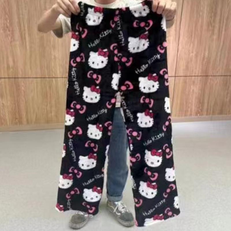 Cartoon Kat Flanellen Pyjamabroek Dames Winter Koraal Fleece Dik Warm Loungewear Huisbroek