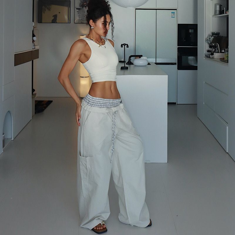 

[Casual] Pants Sports Western Style Gyaru Women High Waist Slimming Straight Wide Leg Casual Pants Pants White Long XS