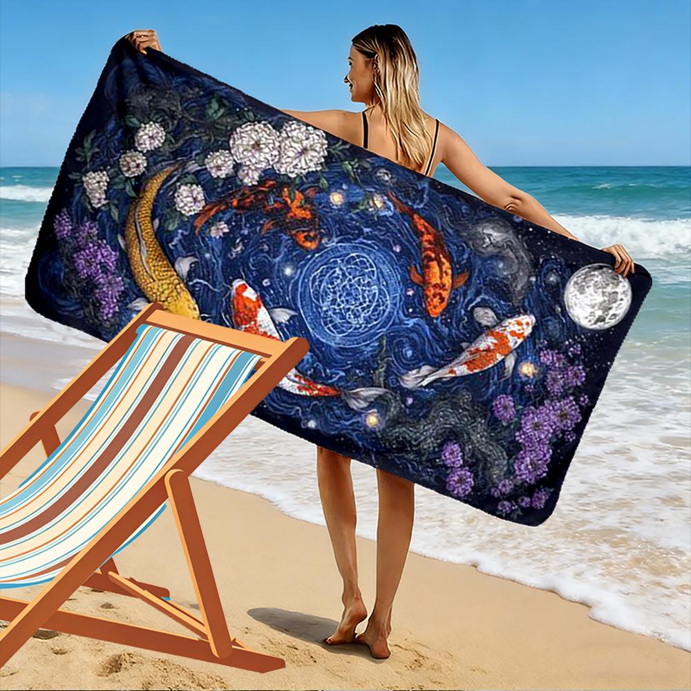 Moonlit Koi and Floral Design Beach towel quick-drying for travel outdoor sports jogging beach and swimming