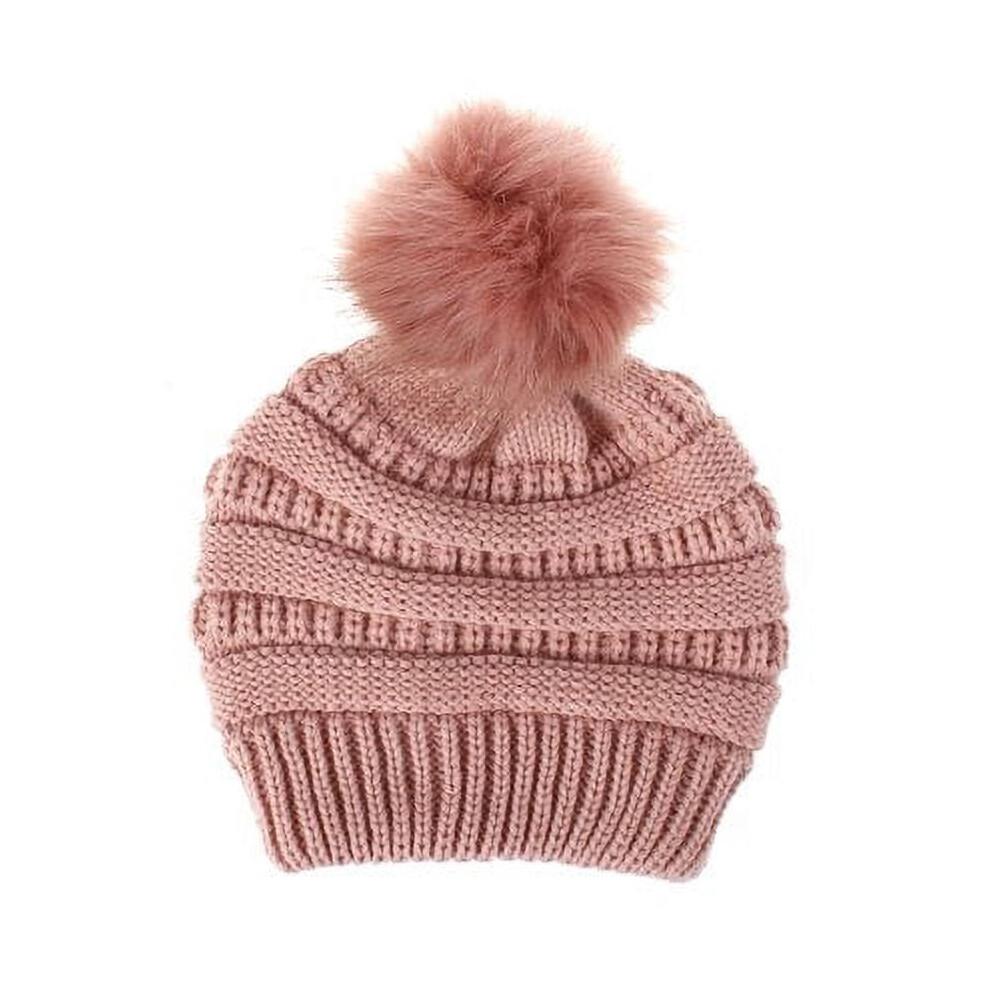 Ladies Winter Knitted Beanie Hat with Faux Fur Pom Warm Knit Skull Cap Beanie for Women (Pink)