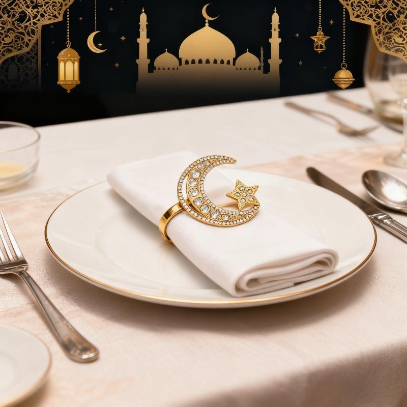 Gold Napkin RingSet Star Moon Design AlloyCrystal Metal Hollow RamadanCelebration HolidayTableware Elegant Durable Napkin Holder