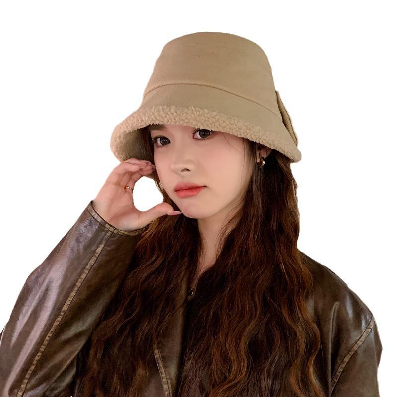 Hat female bow imitation lamb wool bucket hat autumn and winter thickened plush warm casual versatile basin hat tide