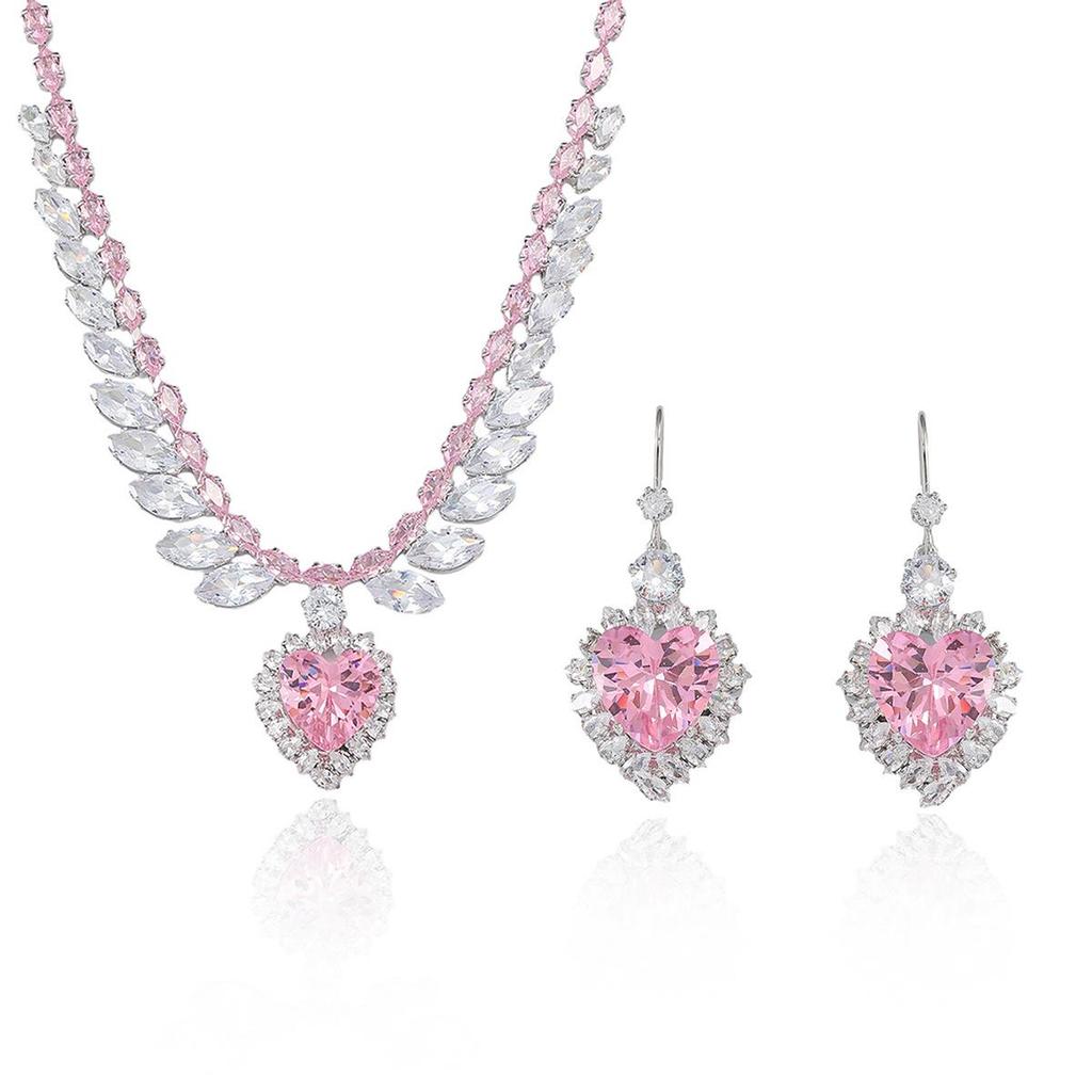 Trendy Pink Zircon Heart Necklace and Earrings Set