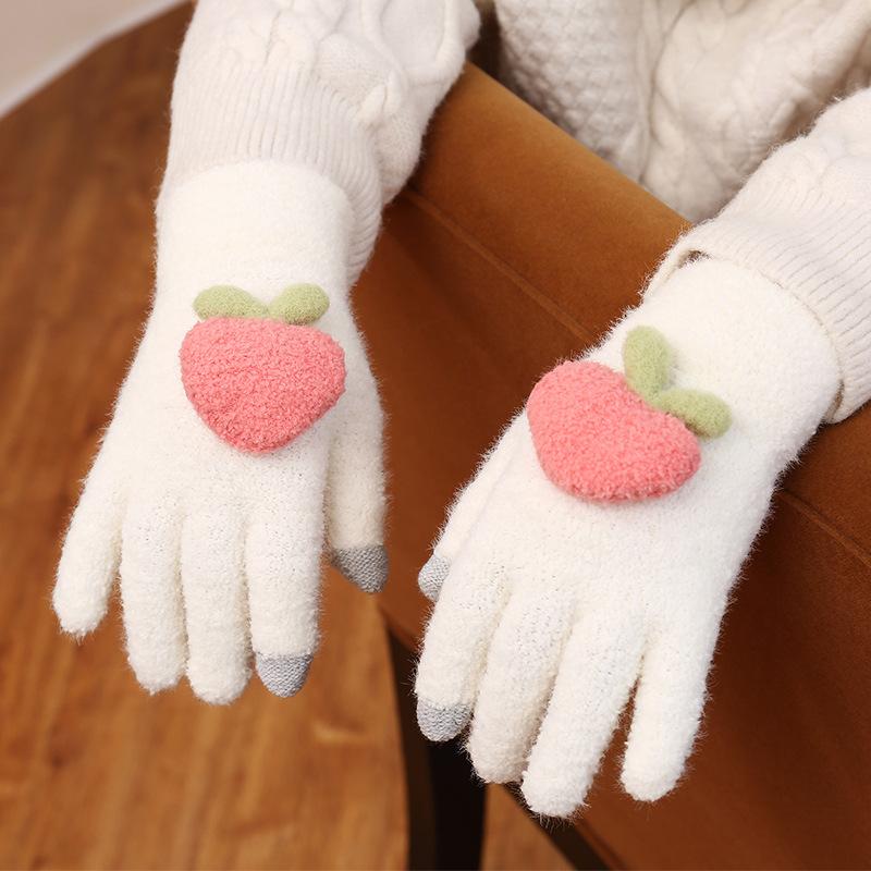 Autumn and Winter New Gloves Female Cycling Warm Winter Velvet Thickened Five Fingers Cute Peach Ins Wind
