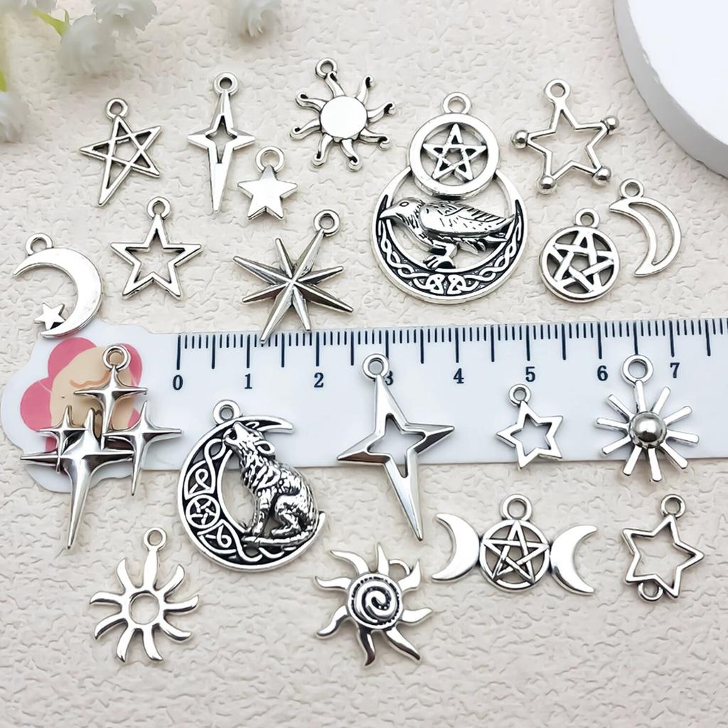 20pcs/Lot Mix Antique Silver Color Sun Moon Star Pendant Charms For Jewelry Making Supplies Witch Wicca Accessories DIY Bracelet