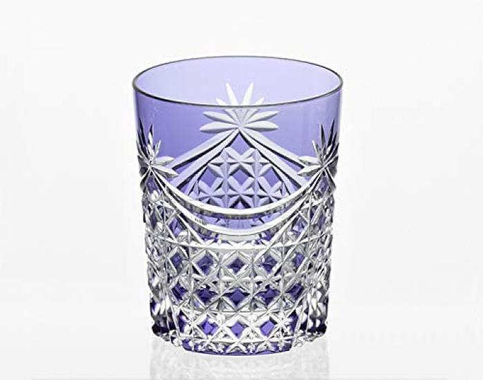 Kagami Crystal Purple Rocks Edo Kiriko with a Square Kagome Pattern and Curtain (Kagami) Glass, 240cc, Pleats, T370-2835CMP