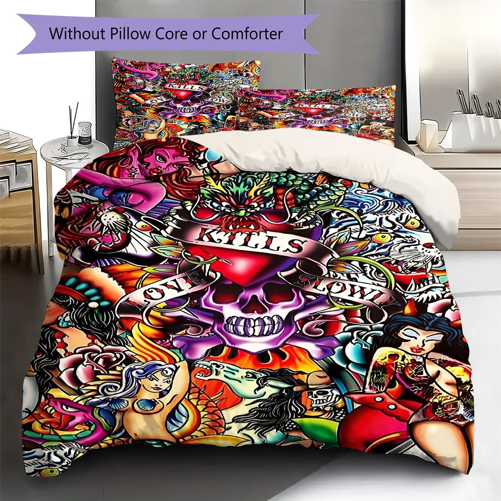 Hardy Tattoo Pattern Bedding Quilt Set Quilt Cover Pillowcase Home Decoration Gift (1 * Duvet Cover + 2 * Pillowcase, Without Core)