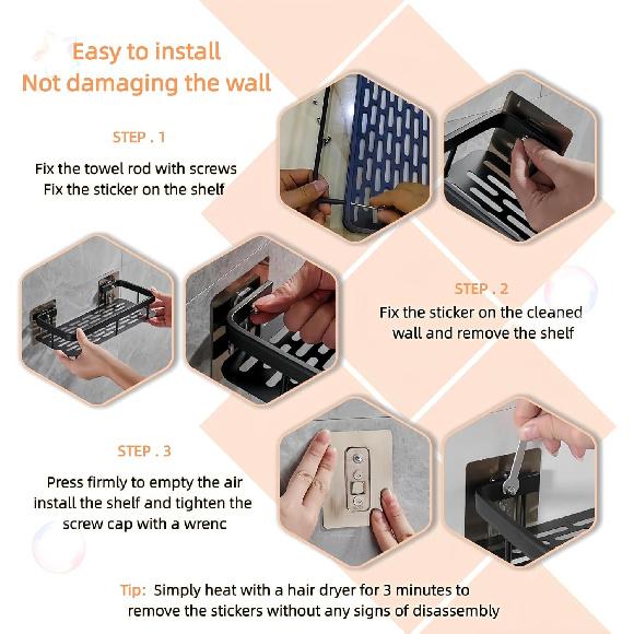 2 - Pack Aluminum Shower Caddy With 2 towel bars and 4 fixed hooks,No Drill Wall Mount Adhesive shower shelves for inside shower,Black Rustproof