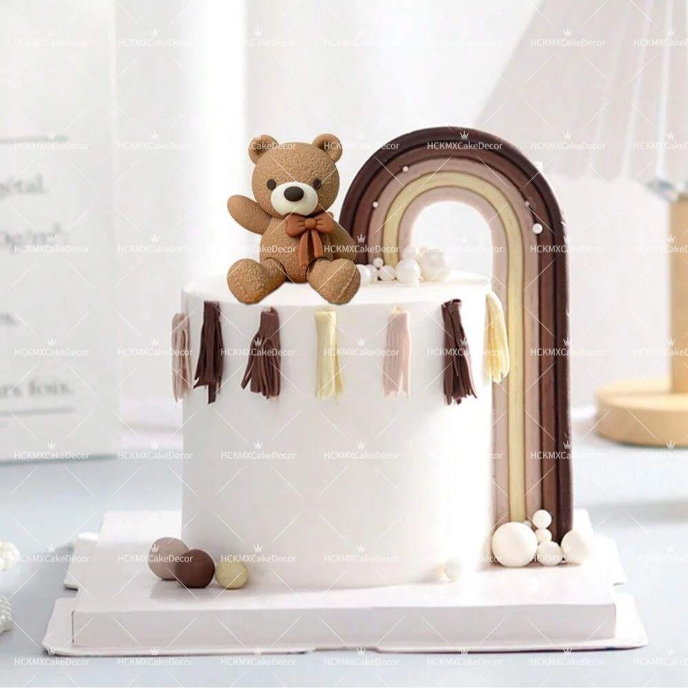 1set Cute Brown Teddy Bear Cake Topper with Star Foam Resin Bear Figurine for Baby Kids Birthday Party Cake Decorations 5