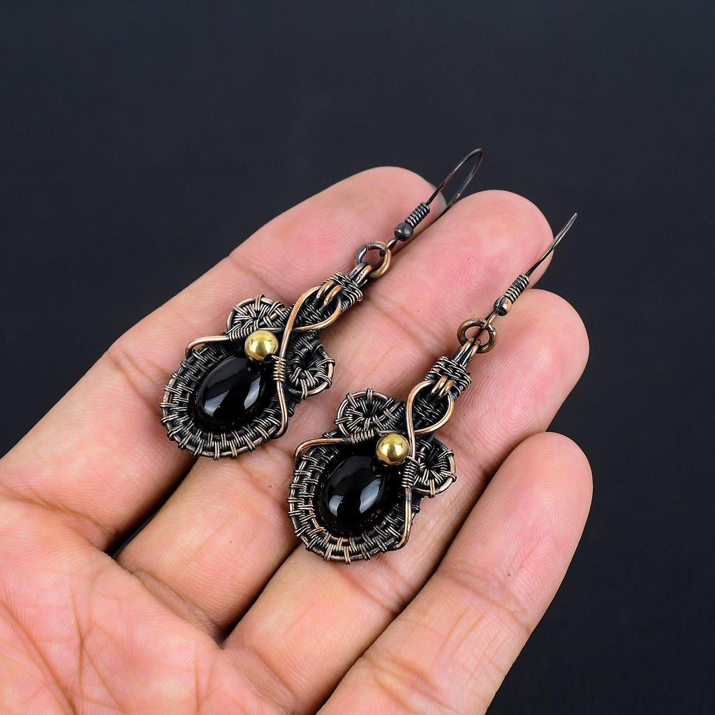 Black Onyx 999 Copper Wire Wrapped Earrings, Handmade Gemstone Jewelry Earrings For Memorial Day