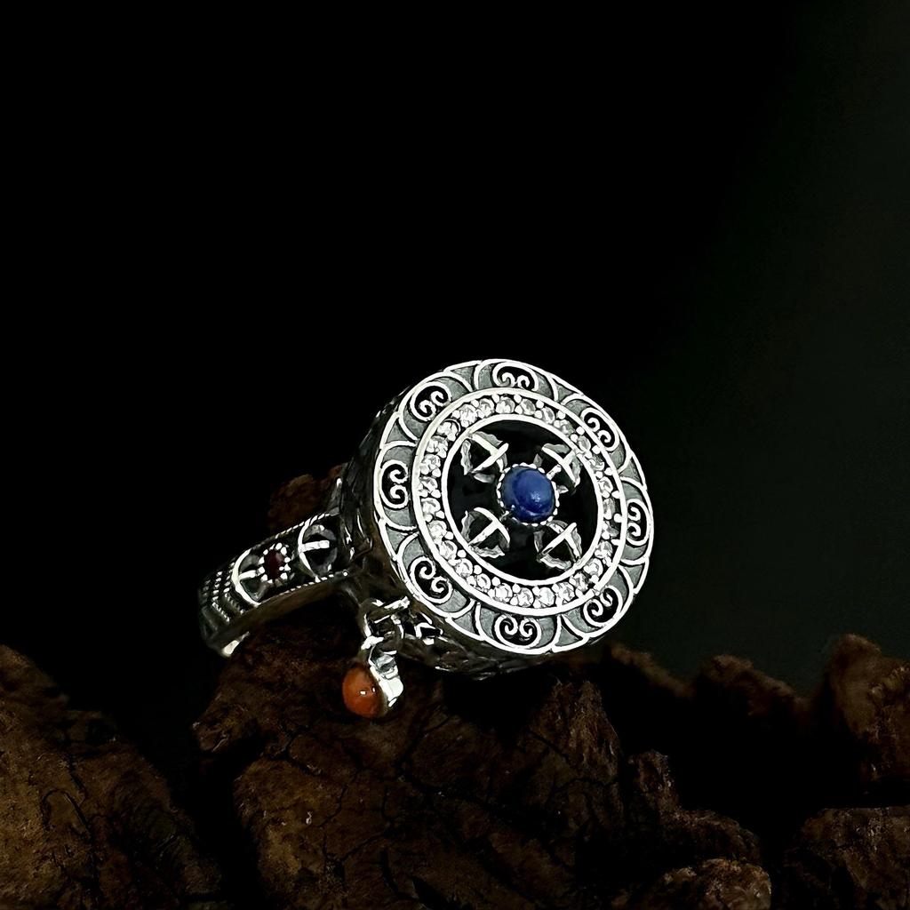 S925 Sterling Silver Thai Vajra Ring with Rotating Nan Hong Agate, Retro Ethnic Style, Adjustable for Men and Women.