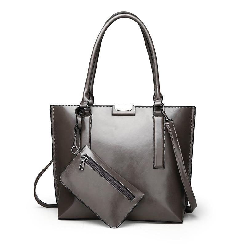 2 Pcs Set Women Casual Tote High Quality Oil Wax Soft Leather Elegant Offcie Handbag and Purses Retro Black Luxury Bag 2022 New