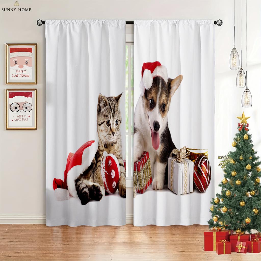 Merry Christmas Elk Red Vintage Print Curtains 100% Polyester Bedroom Living Room Holiday Party Decorative Curtains 2pcs