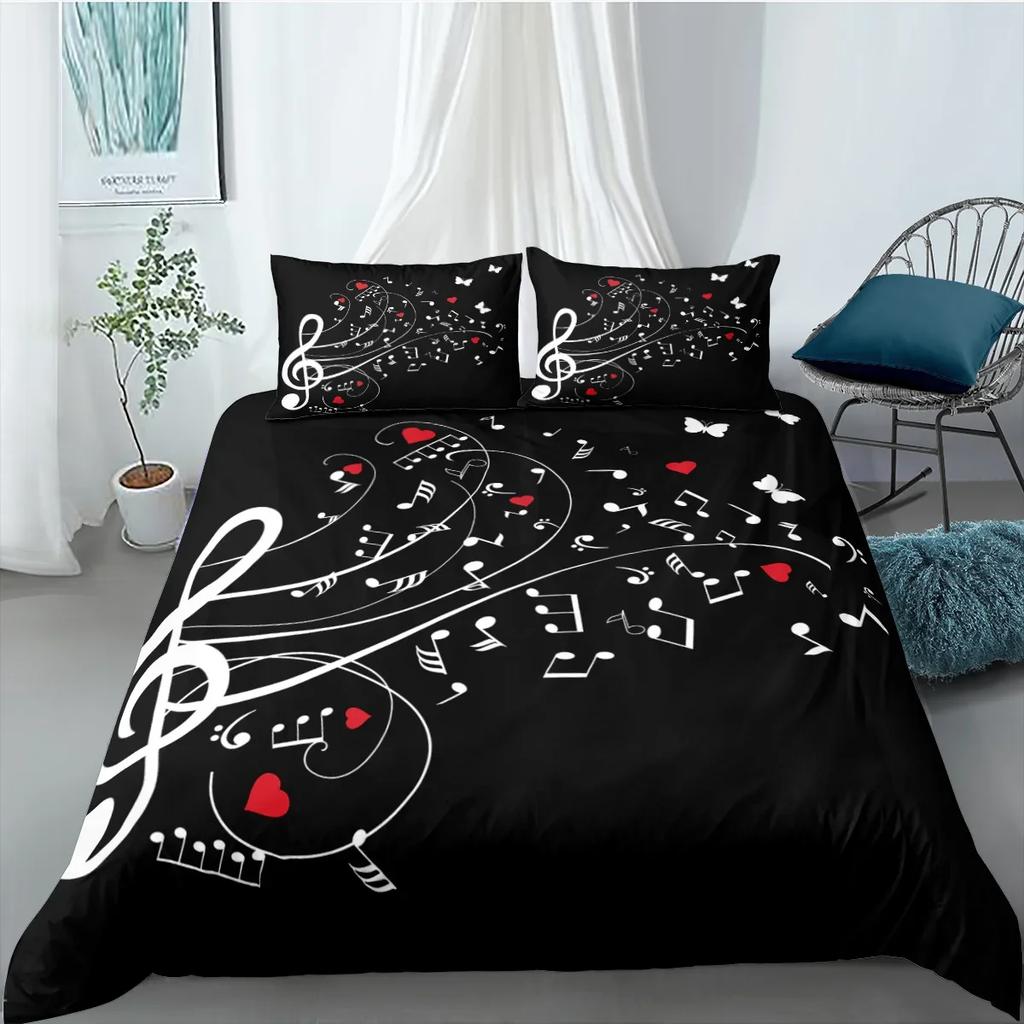 Musik Bettbezug Set, Musik mit G-Schlüssel Instrument Rhythmisches Design Queen King Twin Full Size 2/3-teiliges Polyester Bettwäscheset