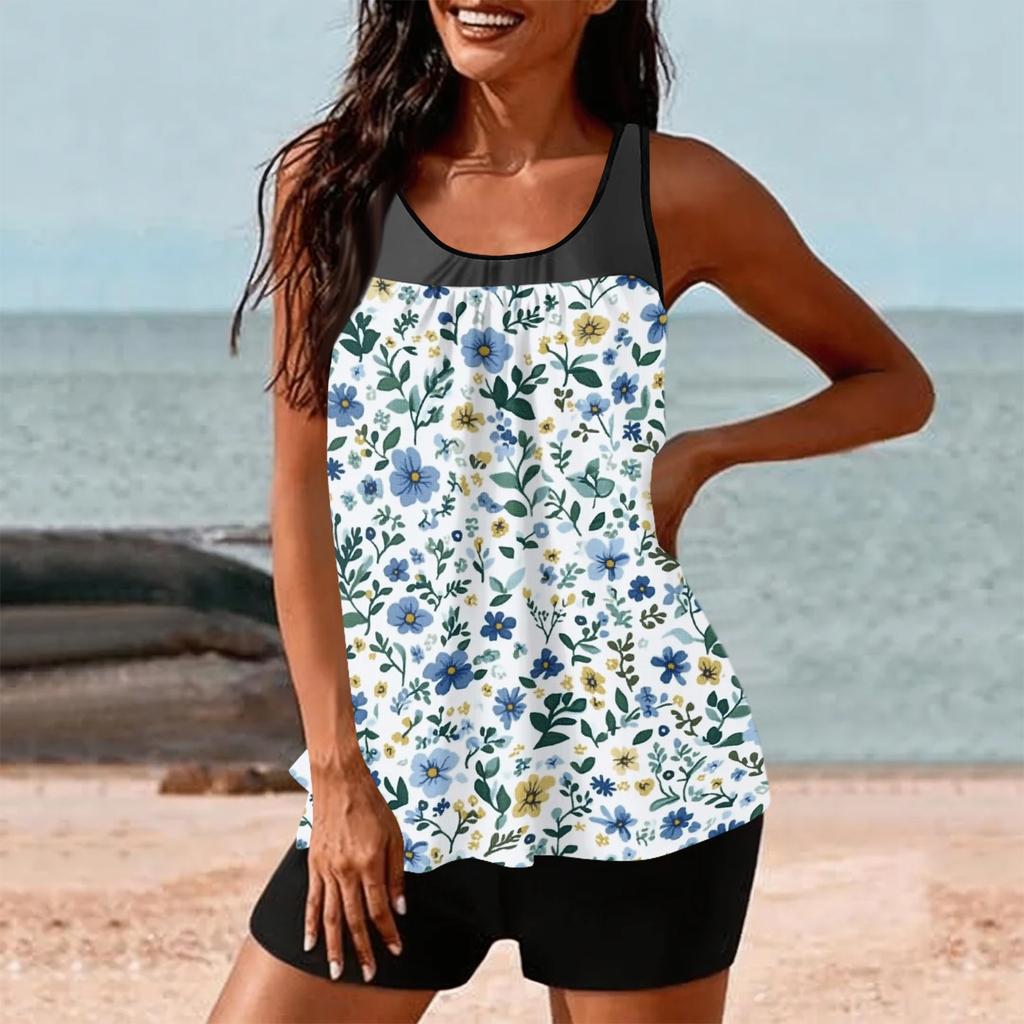 Women’s Sleeveless Tankini Top and Shorts Set with Floral Print Scoop Neck Swimwear for Beach Pool Vacation