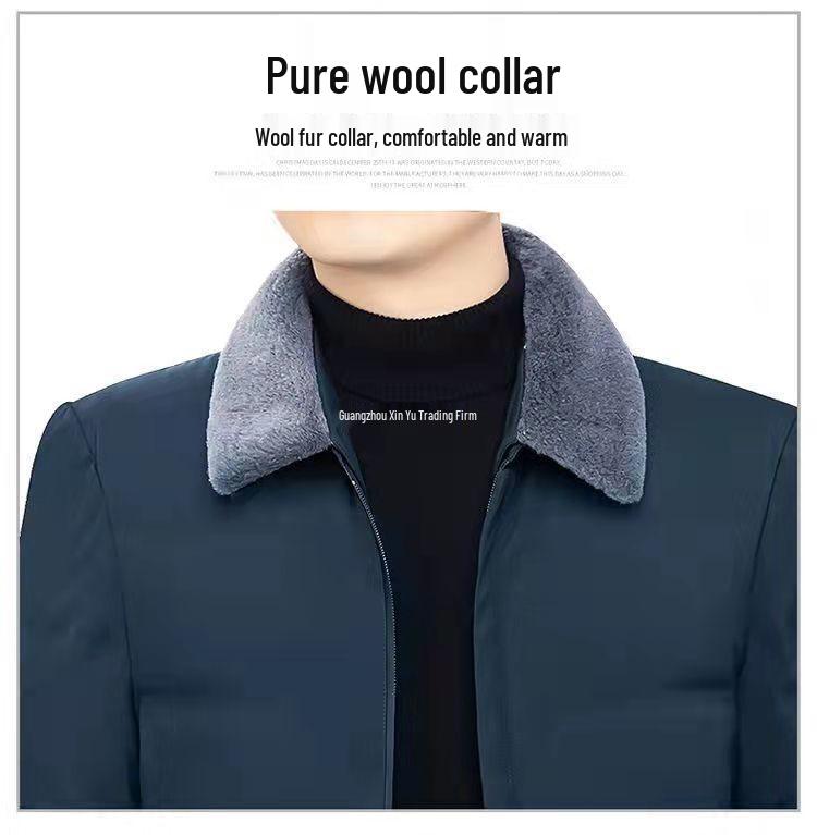 Men's Middle-Aged Warm Down Jacket with Detachable Fur Collar and Fleece Lining