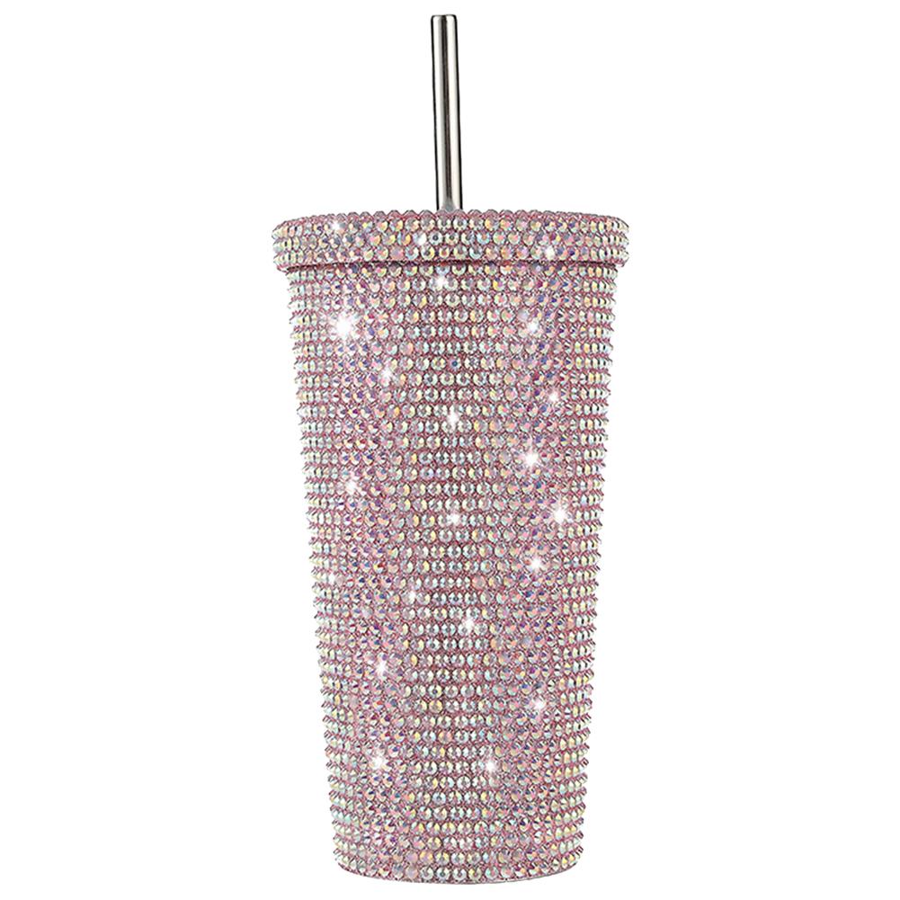 

Новый двухслойный термос из нержавеющей стали, 500 мл, женские блестящие чашки, бутылка для воды, подарочная многоразовая соломенная чашка с крышкой розовый