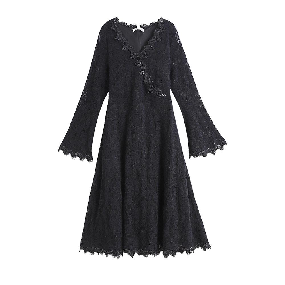 Plus Size Women's Deep V-Neck Lace-Up Dress (130-320 Jin) - Spring Fashion with Hollow Lace Design for fuller figures