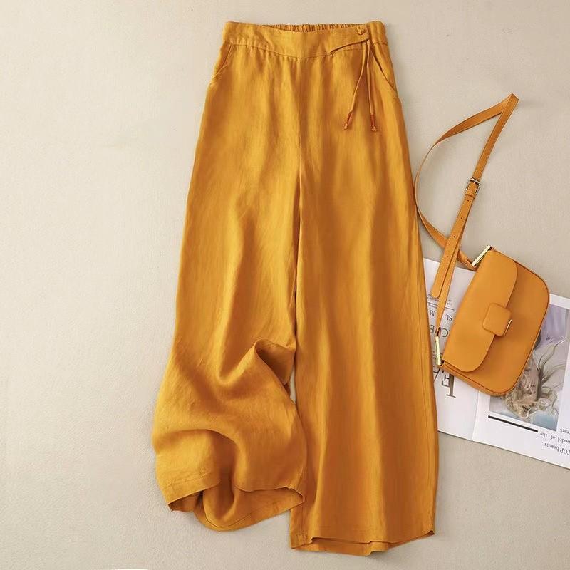 Women's Summer Thin Section of High-waisted Literary Leisure Pants Solid Color Comfortable Drape Feeling Nine-minute Wide-legged Pants