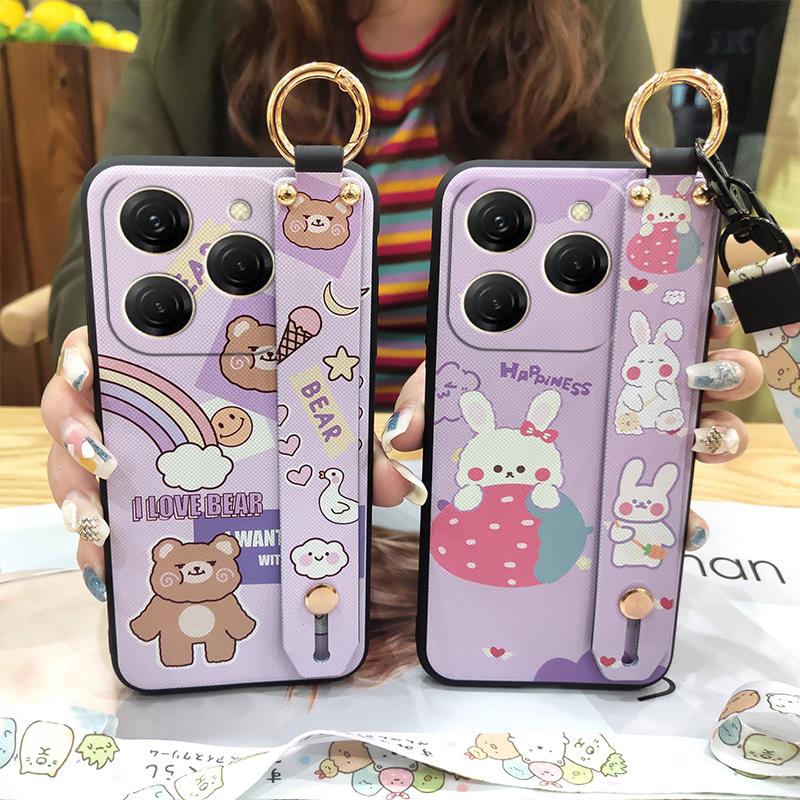 Wrist Strap Kickstand Phone Case For Tecno Spark20 Pro/KJ6 Durable Cute Silicone Anti-dust Back Cover Lanyard Soft case