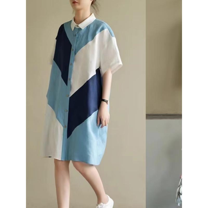 DIMANAF Plus Size Linen Blouse Dress Women 2025 Colorful New Summer Style Shirt O-Neck Loose New