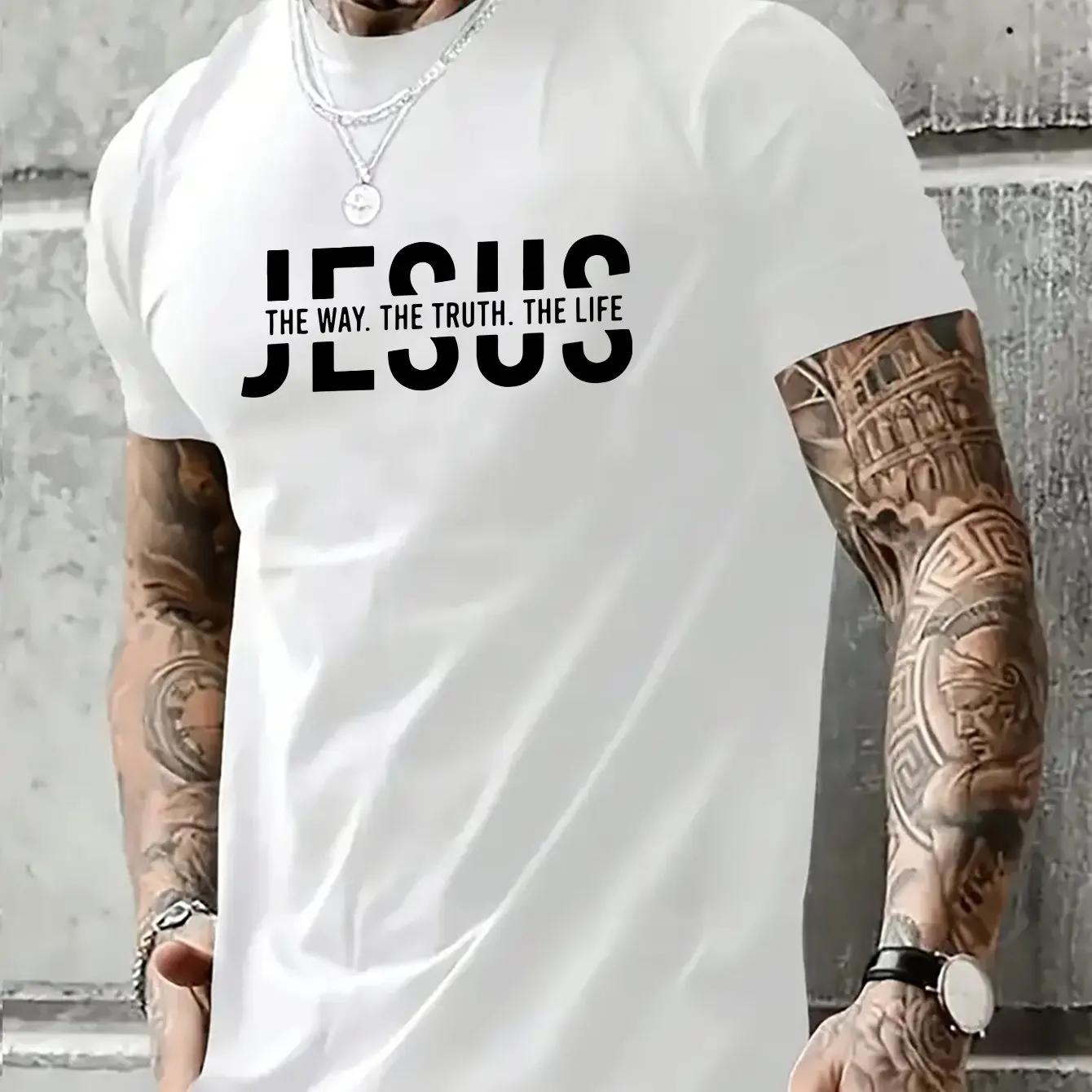 

Men s summer 100% pure cotton casual Jesus Road Truth Life letter print outdoor sports round-neck short-sleeved top 4XL