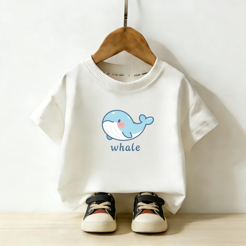 Cartoon Whale Print Children's Daily Short Sleeved Tshirt Boys and Girls Round Neck Short Sleeved Casual Parent-child Top Summer