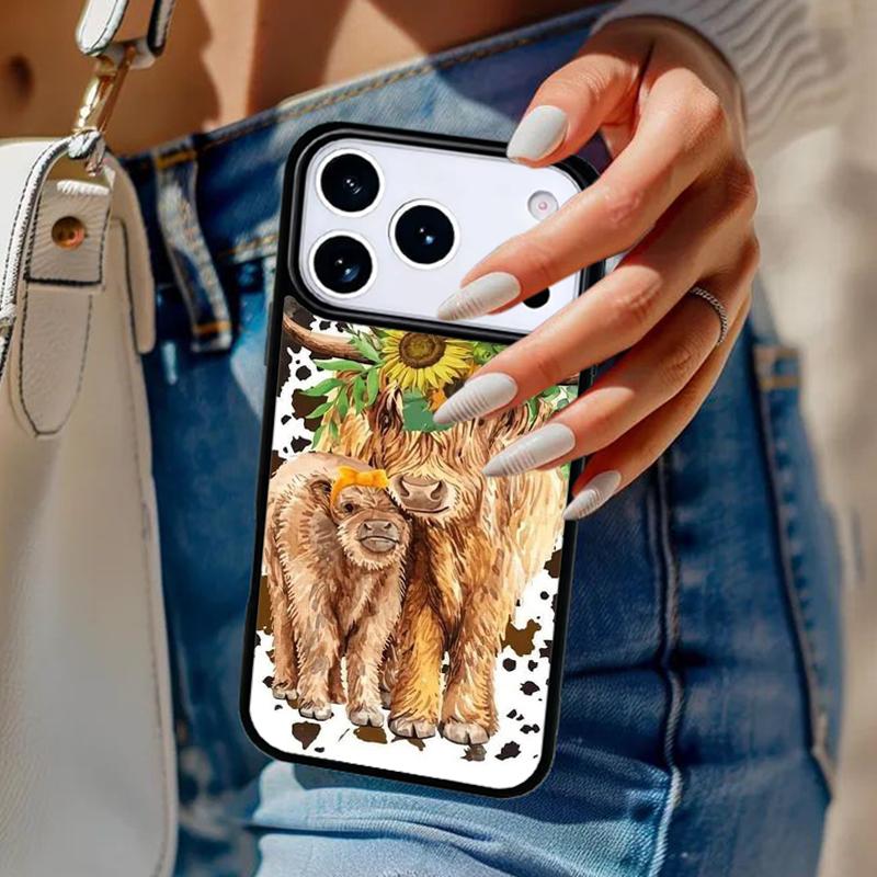 Western Highland Cow Sunflower Cute Phone Case For iPhone 17 Air 14 15 13 12 Max Cover For Apple 16e 11 Pro Max Plus Coque