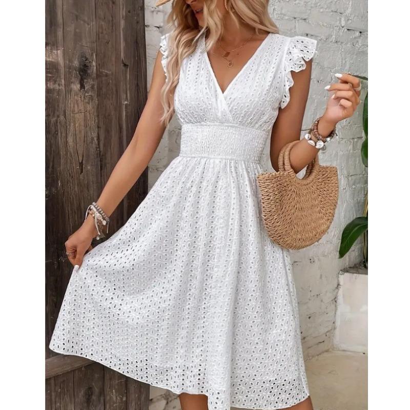 Fashion White Hollow Lace Midi Dresses Women Summer V Neck Ruffle Sleeve Dress Elegant Office Lady Casual Beach Holiday Sundres