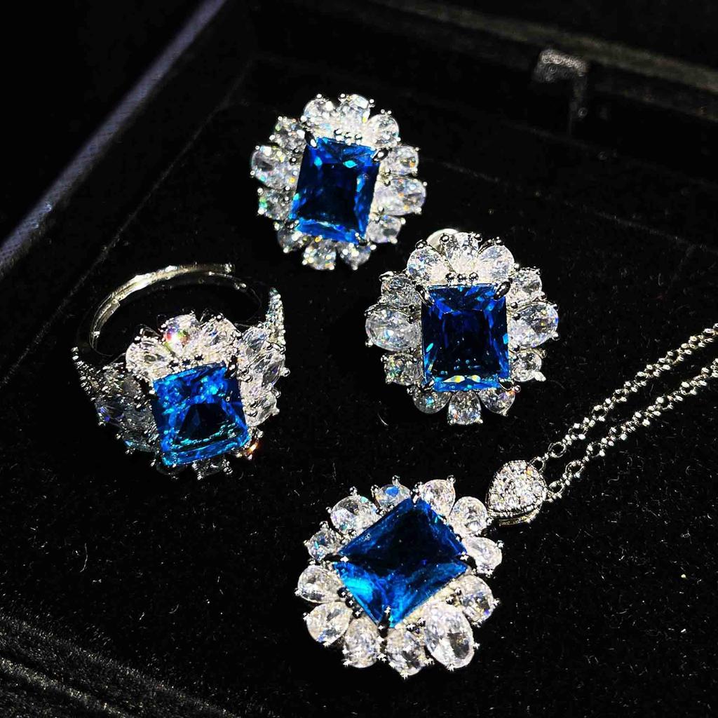 Color Treasure Set, Ascher Yellow Diamond Topa Blue Argyle Pink Square Diamond Ring Stud Earrings Pendant Female