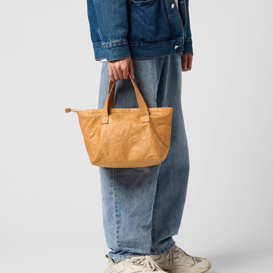 Vintage commuter kraft paper women's underarm bag small soild color Tote bag washable new simple ins style zip purse handbags
