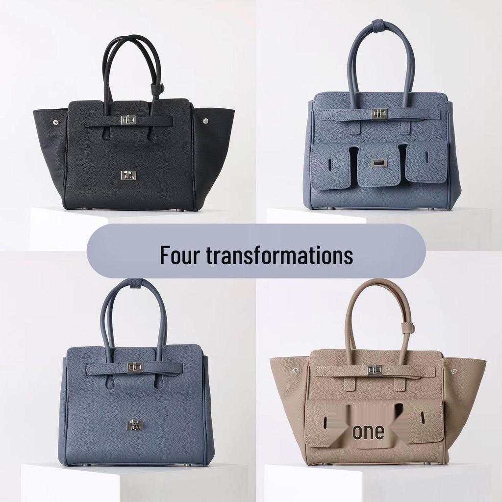 Women's Biker Genuine Leather Multi-Pocket Tote with Dark Square Buckle