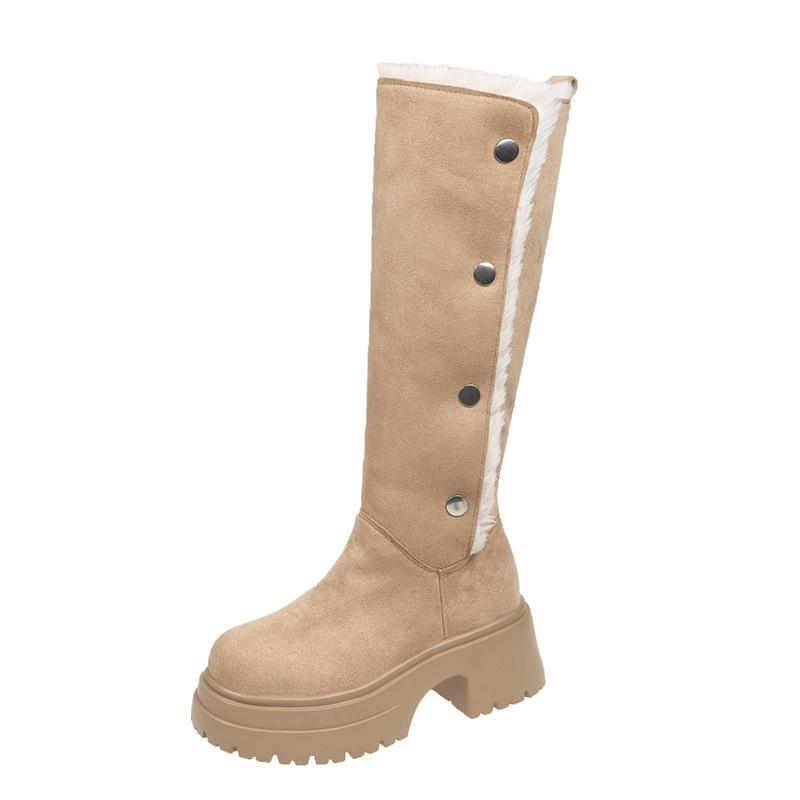 Fashion Design Thick Sole Height Increase Long Boots Women Suede Mid Calf Knight Boots Chunky Heel Warm Western Boots Casual Women Shoes