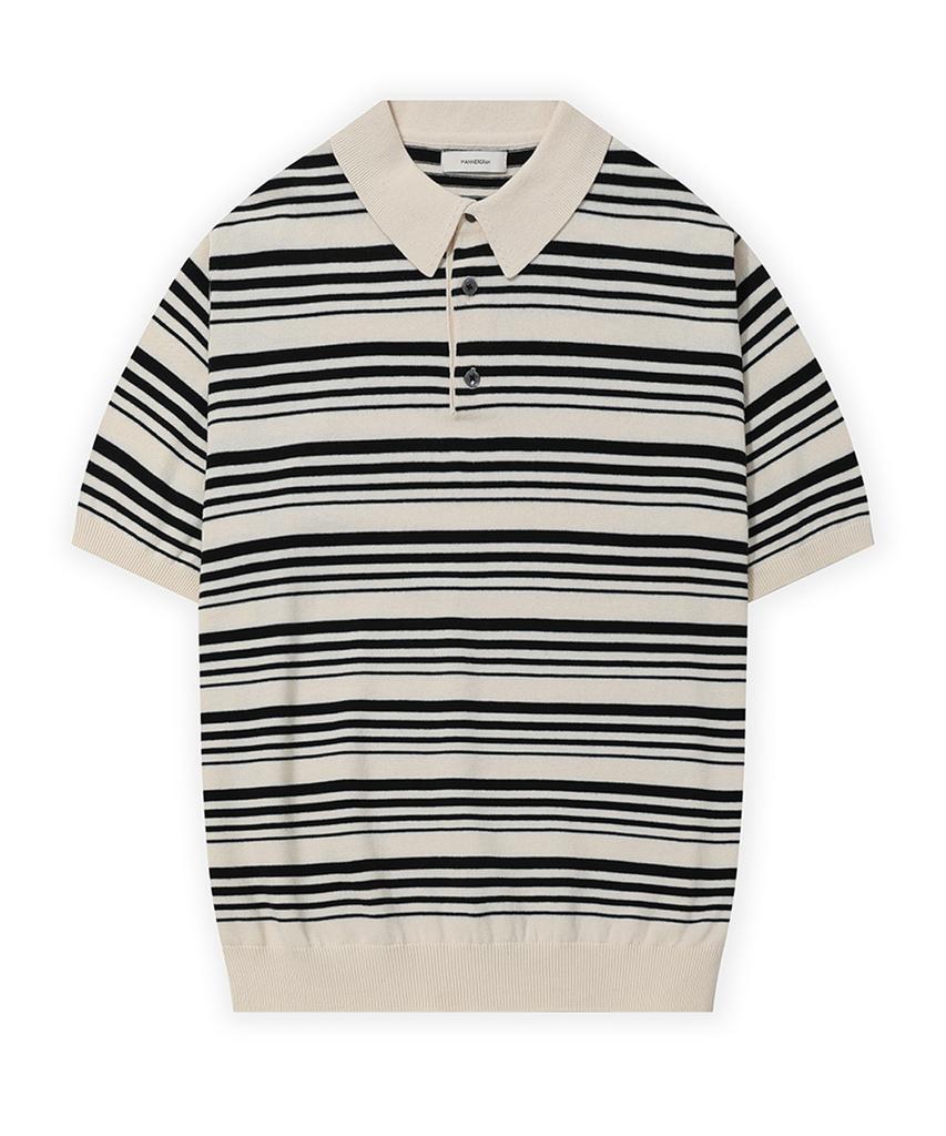 MANNERGRAM Nature Cotton 100% Striped Collared Short Sleeve Knit - 5 Colors