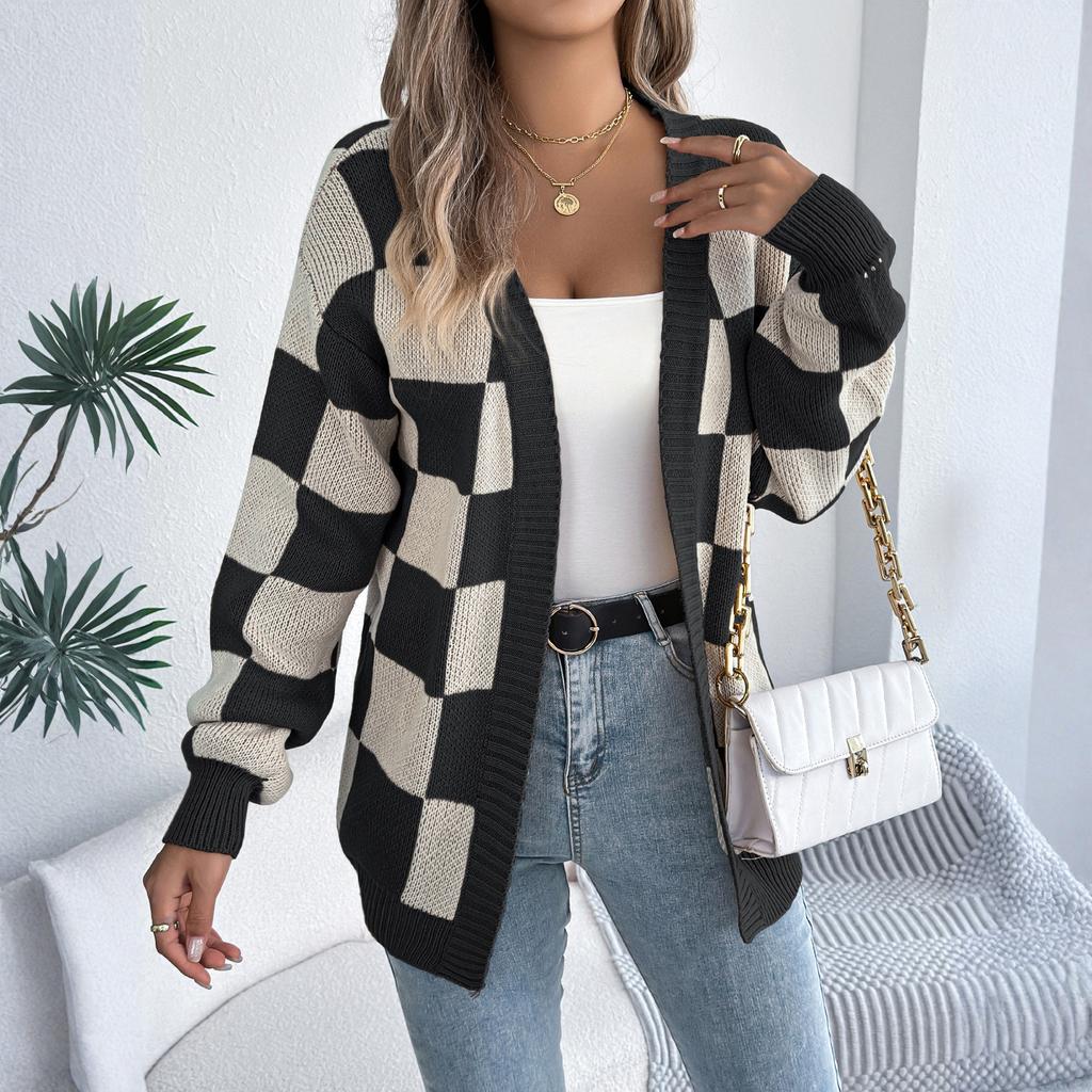 Women's Color-blocked Plaid Long-sleeved Cardigan Sweater Mid-length Coat