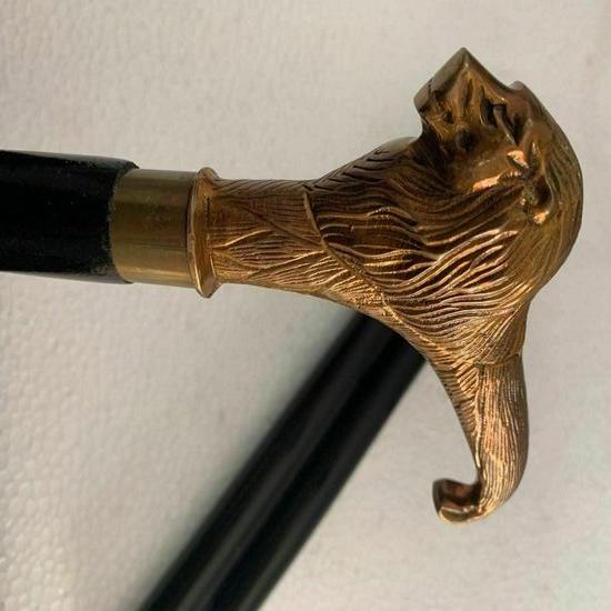 Antique Brass Sliver Lion Head Handle Victorian Wooden Walking Stick Cane