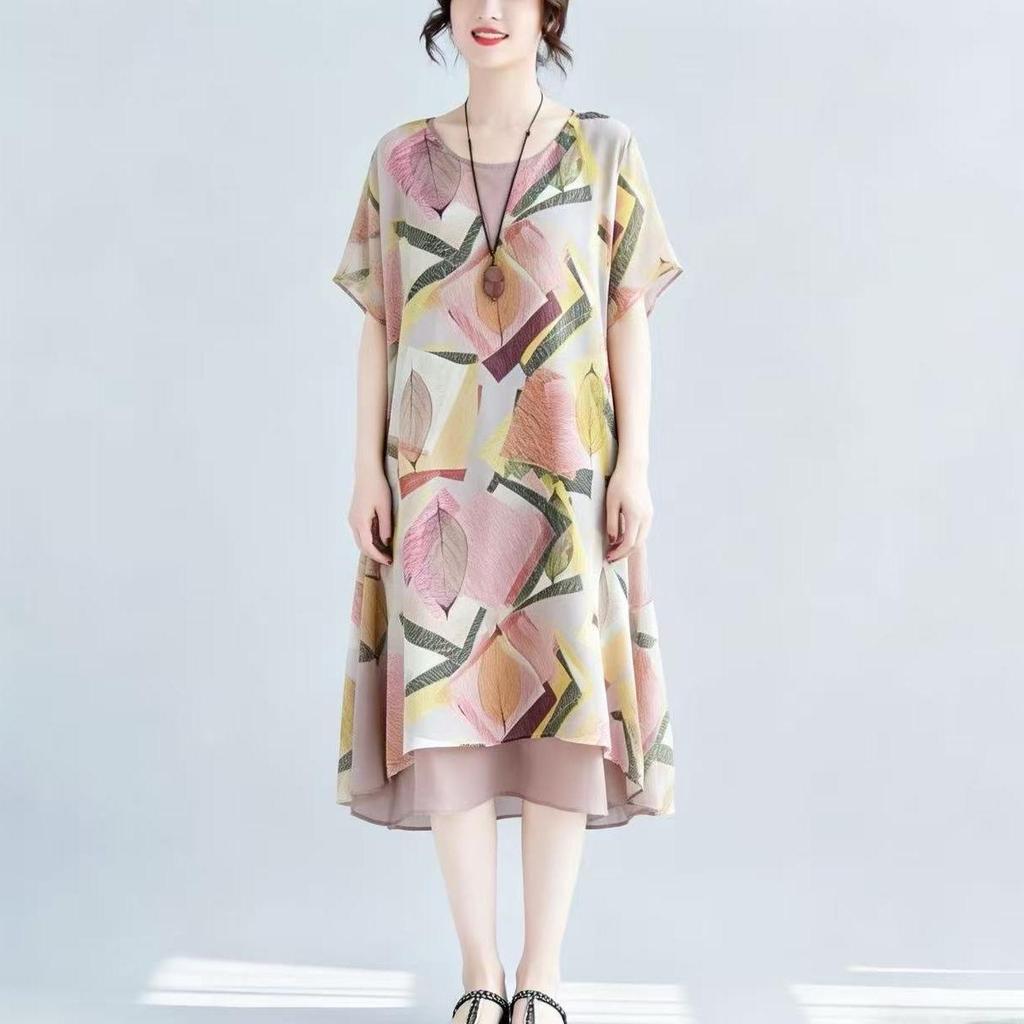 Plus Size Chiffon Color Block Round Neck Dress for Women