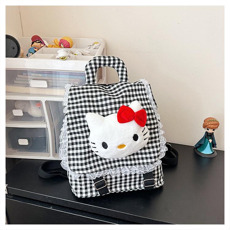 Schoolbag Milk Fufu Peach Powder Grid Kt Cat Children's Travel Mini Backpack Japanese Soft Girl Travel Shopping Cute Backpack