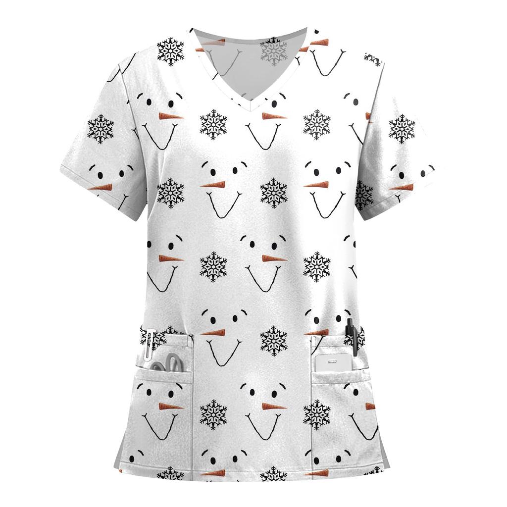 Women's Fashion Printed Short Sleeve V Neck Pattern Tops Pocket Working T-shirts