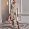 2025 Autumn Winter Women's Wrap V-Neck Bodycon Dress, Belted Waist Solid Color Long Sleeve Midi Dress for Office & Formal Party