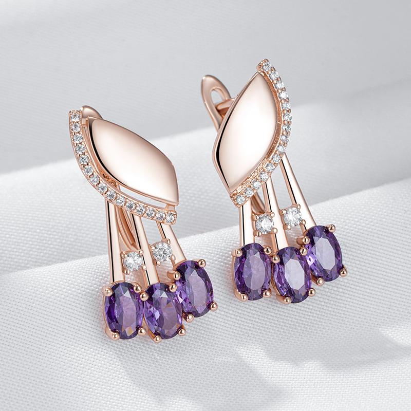 Shiny Purple Natural Zircon English Earrings For Women Fashion  Rose Gold Color Crystal Flower Daily Fine Jewelry