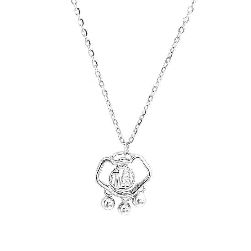 Hollow Out Lucky Character Safety Lock Necklace Bead Tassel Collarbone Chain New Chinese Style
