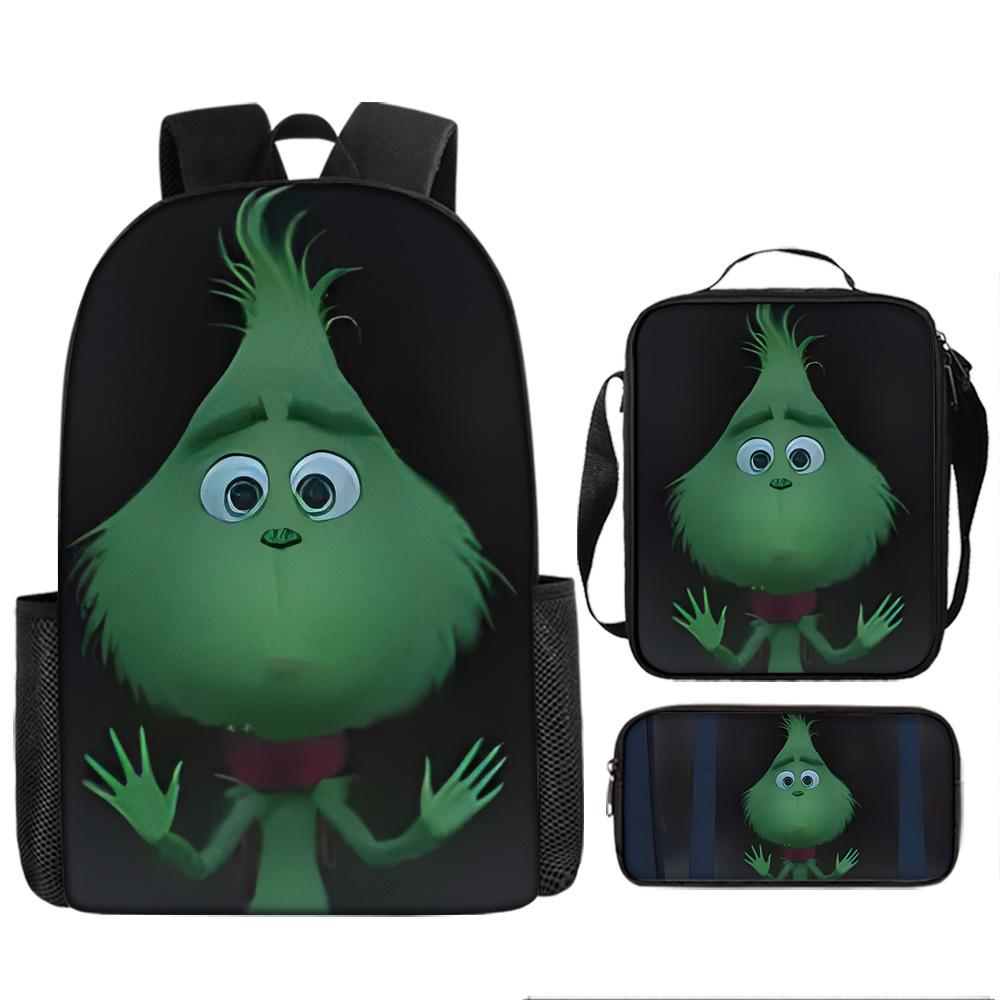 Green Hair Monster Grinch School Bag Campus 12345th and 6th Grade Backpack Lightweight Weight Loss Computer Bag Three-piece Set
