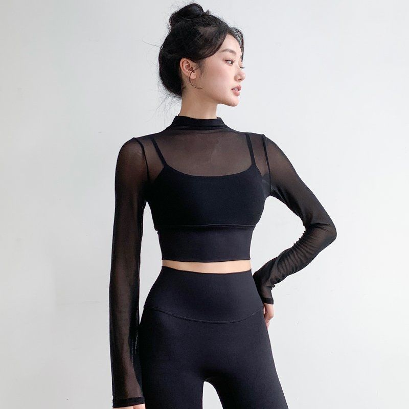 Y with Chest Pad Yoga Long Sleeve T-shirt Women's Pure Desire Fashion Silm Sweet and Spicy Mesh Yarn False Two Pieces Tops Fitness Exercise