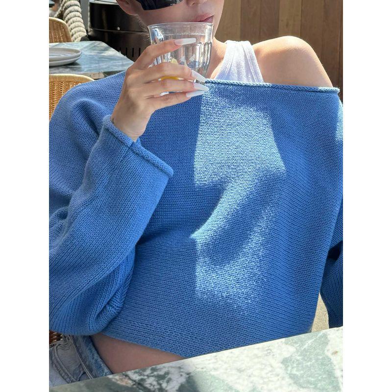 

Mimicarley New American California Sexy Diverse Wear Sexy Strapless Sloping Shoulder Knitting Long Sleeve Pullover Top Blue L