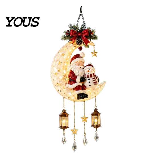 Unique Christmas Exchange Gift Santa Moon Hanging Lamp, Iron LED Lighted Ornament, Decorative Lamp Glowing Atmosphere Light for Wall Window